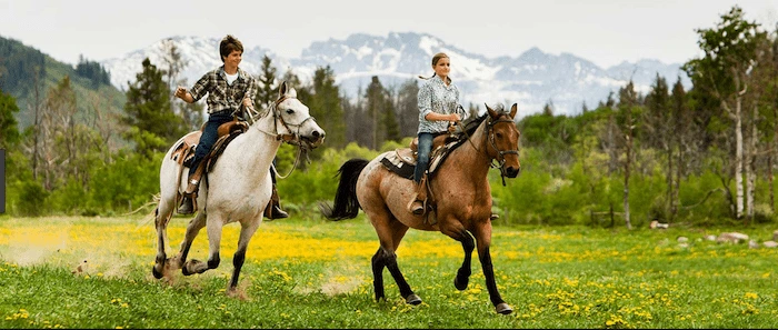 Confident plus-size woman riding Aberdeen a horse through a field with a smile on her face.